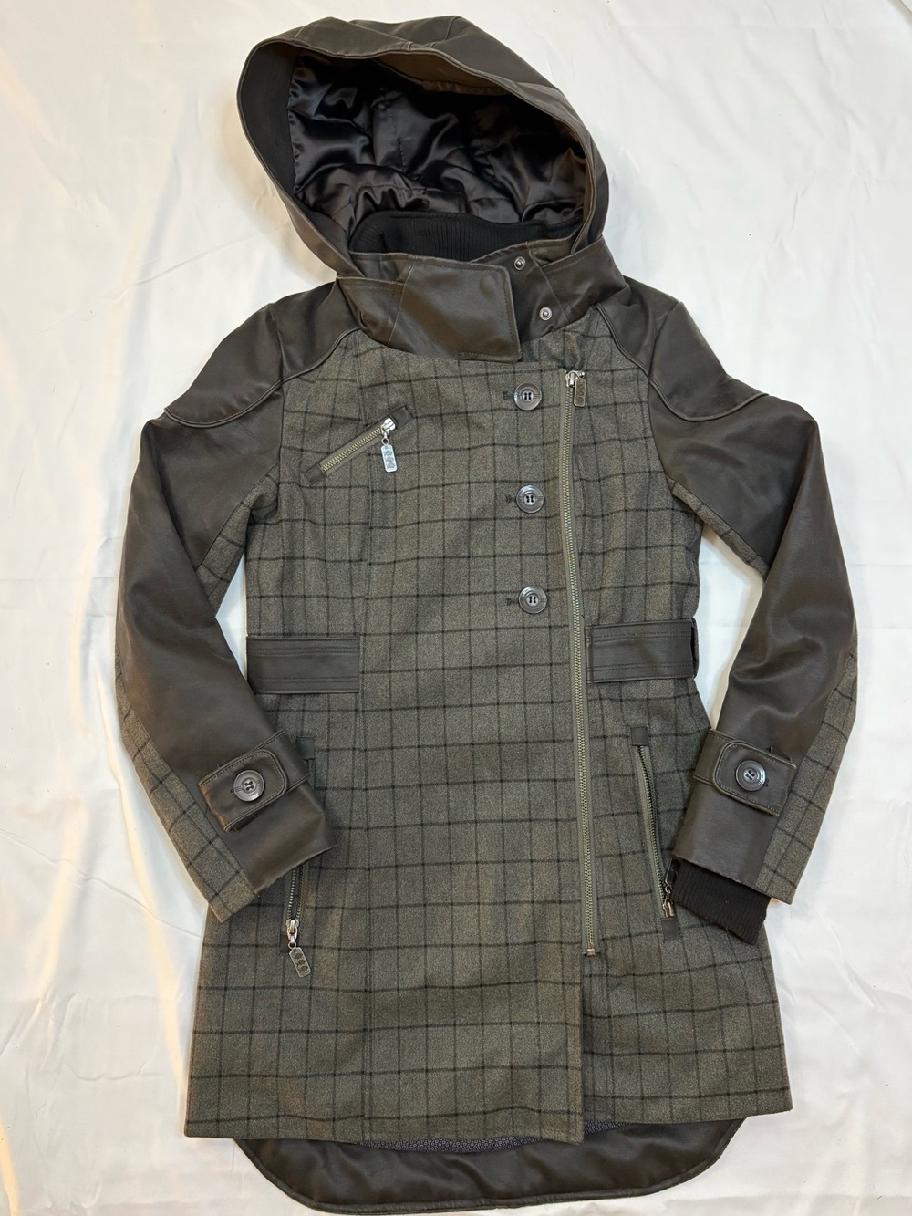 Three Stones Mixed Media Plaid Asymmetrical Zip Hooded Moto Coat Jacket Women XS